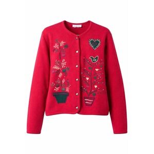 Talbots Womens Cardigan Red Embroidered Cottage Core Button Sweater M